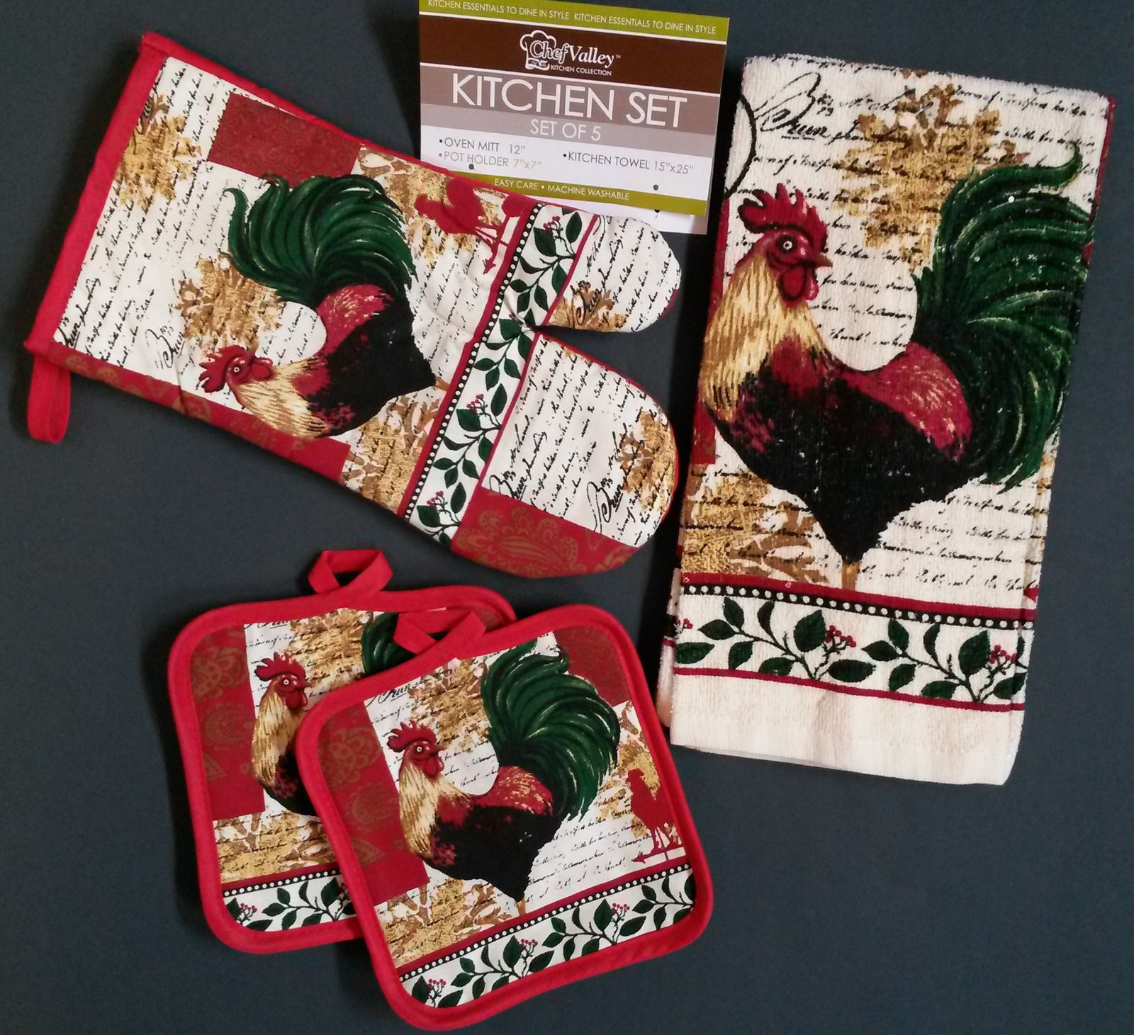 RUSTIC ROOSTER KITCHEN SET 5 Piece Towels Potholders Mitt Red NEW