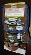 COFFEE KITCHEN SET 5-pc Towel Potholder Oven Mitt Cloths Brown Blue Cafe Mocha image 1