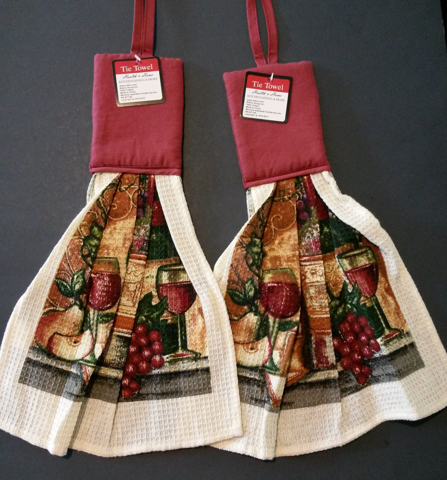 HANGING KITCHEN  TOWELS  Wine theme Set  of 2 Red Wine Bottle 