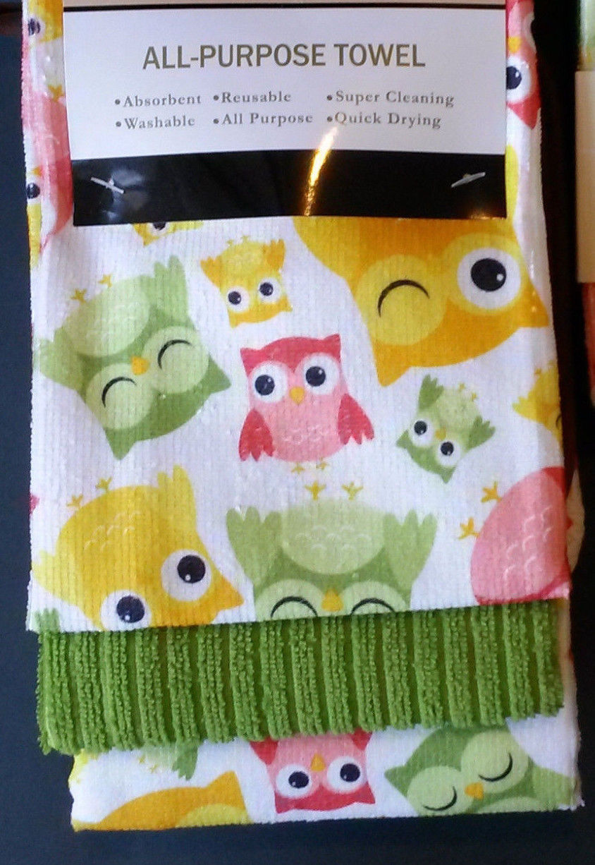 OWL Theme KITCHEN TOWELS 3 Pc Set Microfiber Colorful Spring Owls NEW   S L1600 