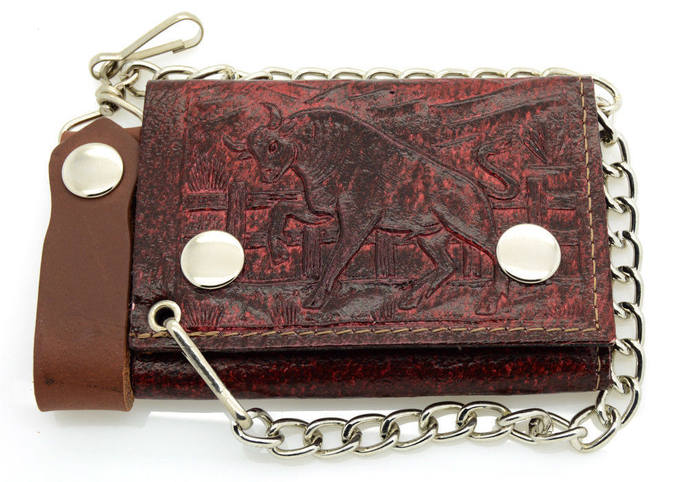 Biker Chain Wallet Genuine Leather Tri Fold Brown/Red 12 Designs Made ...