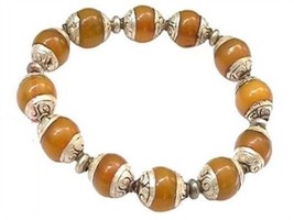 Tibetan 12*10mm 925 Silver Repousse Beeswax Amber Beads Beaded Bracelet - $19.76