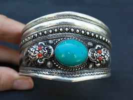 Giant Tibetan Large Turquoise Gemstone Carved 2 Dragon Head Amulet Cuff ... - $19.76