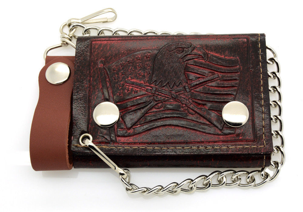 Biker Chain Wallet Genuine Leather Tri Fold Brown/Red 12 Designs Made in USA - Wallets