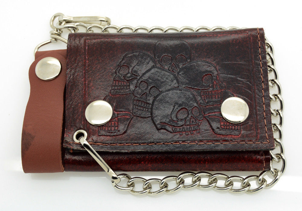 Biker Chain Wallet Genuine Leather Tri Fold Brown/Red 12 Designs Made in USA - Wallets