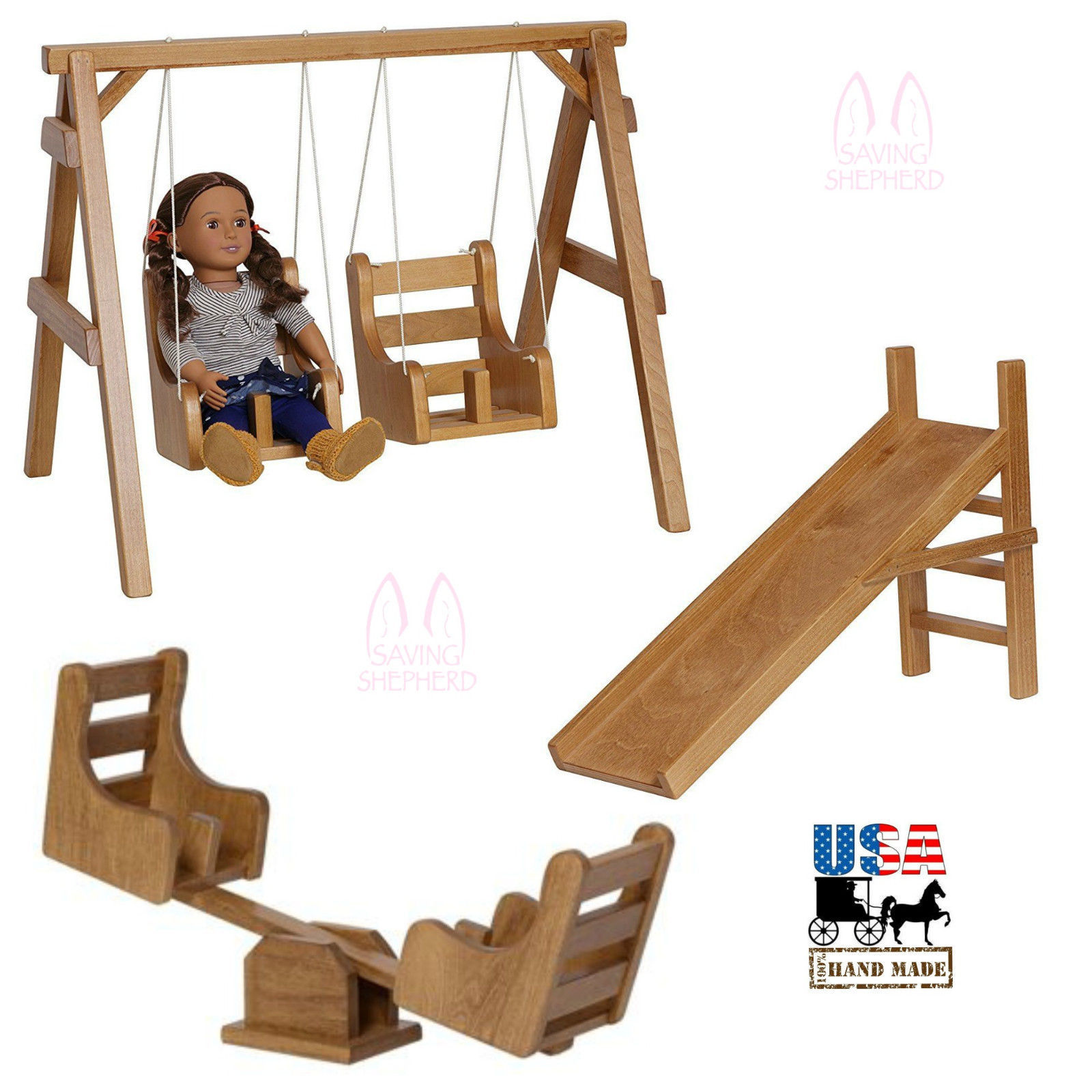 COMPLETE 18" DOLL PLAYGROUND Swing SeeSaw Slide Amish Handmade Wood