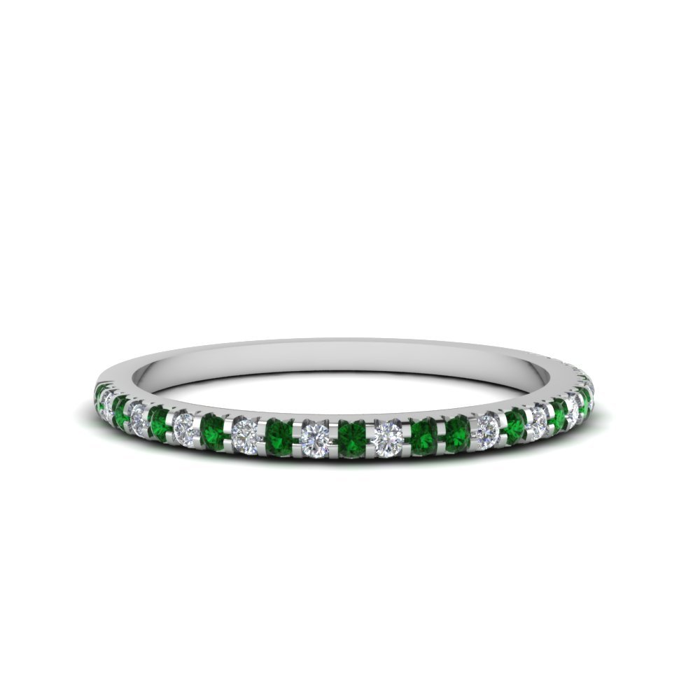 2 MM Womens Wedding Bands Ring with White CZ Green Emerald Stone 14K White Gold