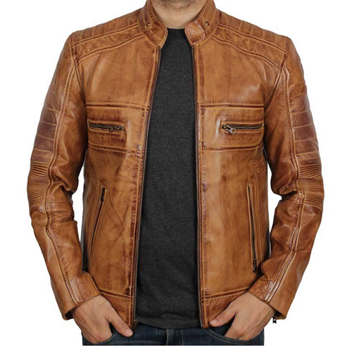 Men's Cafe Racer Tan Leather Jacket With Multiple Pockets and Gulf ...