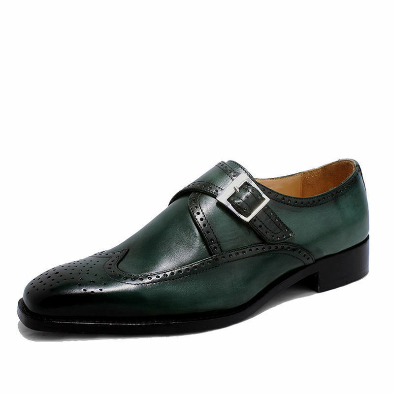 Men Green Monk Burnished Brogue Toe Wing Tip Single Buckle Leather Shoes US 7-16