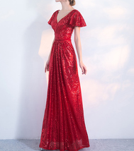 Women Sequin Maxi Dresses Cap Sleeve High Waist Maxi Sequin Dress Gold Red Black image 4