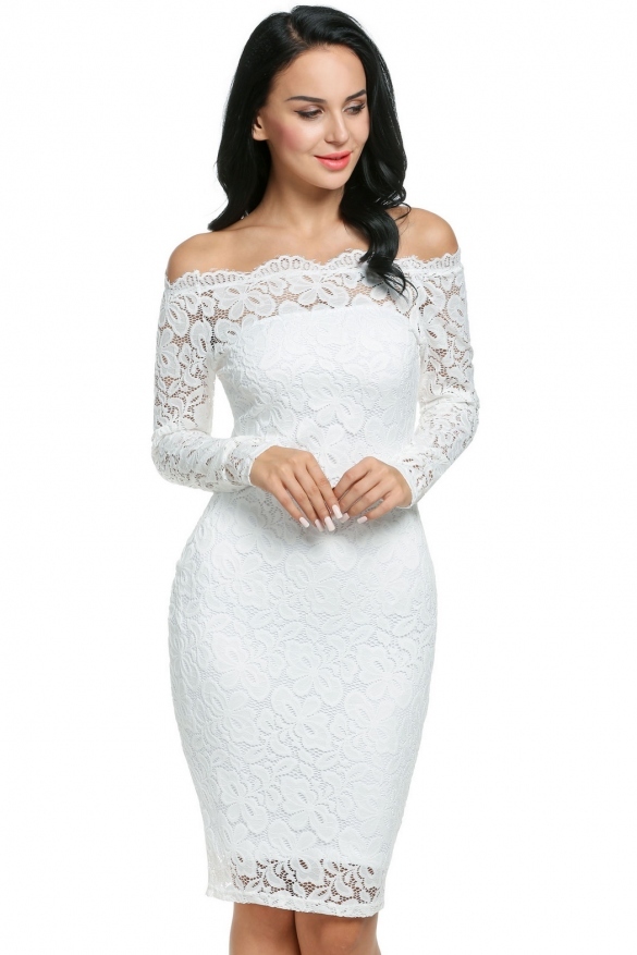 Meaneor - Strapless off shoulder hollow floral lace pencil dress with inner tube dress