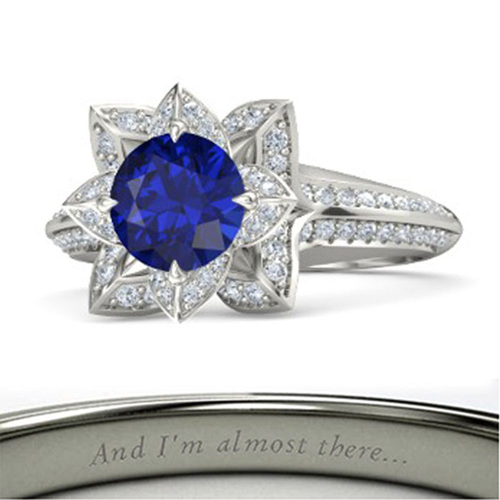 Inspired Solitaire Rd Blue Sapphire Engagement Lotus Flower Ring 14k White Fn