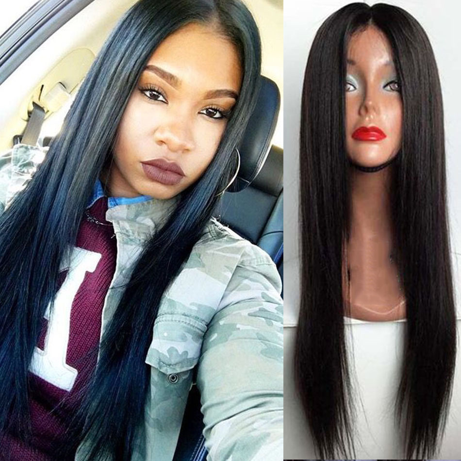 Peruvian Human Hair Lace Front Wigs Silky Straight Middle Part Long Hair
