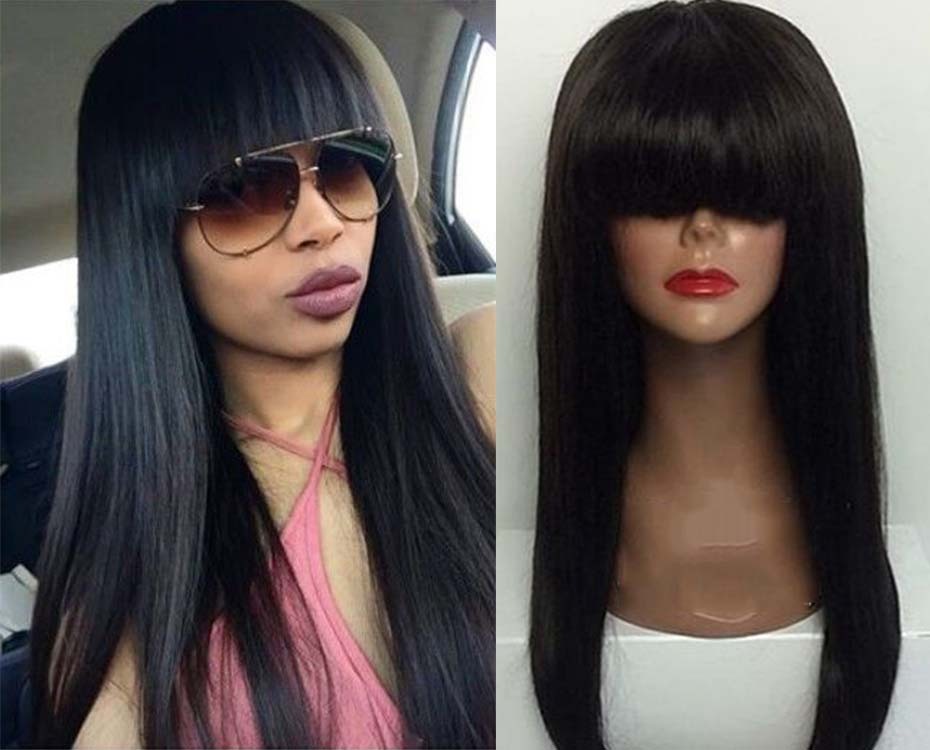 Silky Straight Human Hair Lace Front Wigs With Bangs For Black Women