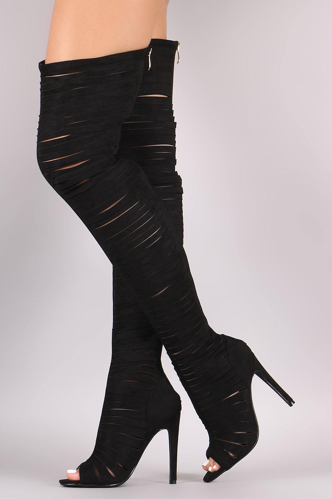 Strappy Over Knee Thigh High Cut Out Open Peep Toe Boots - Black - Boots