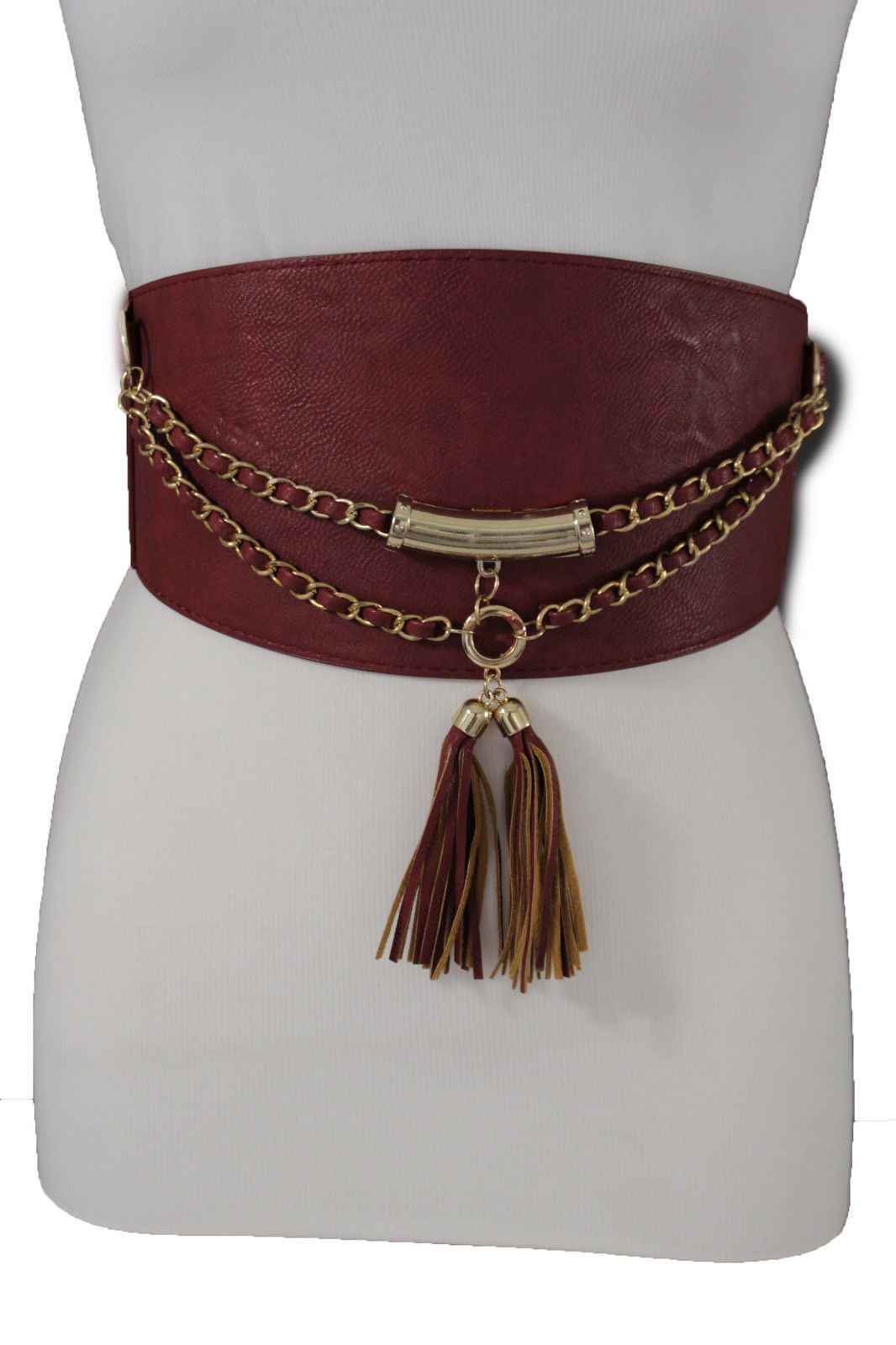 New Women Hip High Waist Gold Metal Chain Wide Fashion Corset Belt Red Color S M - Belts