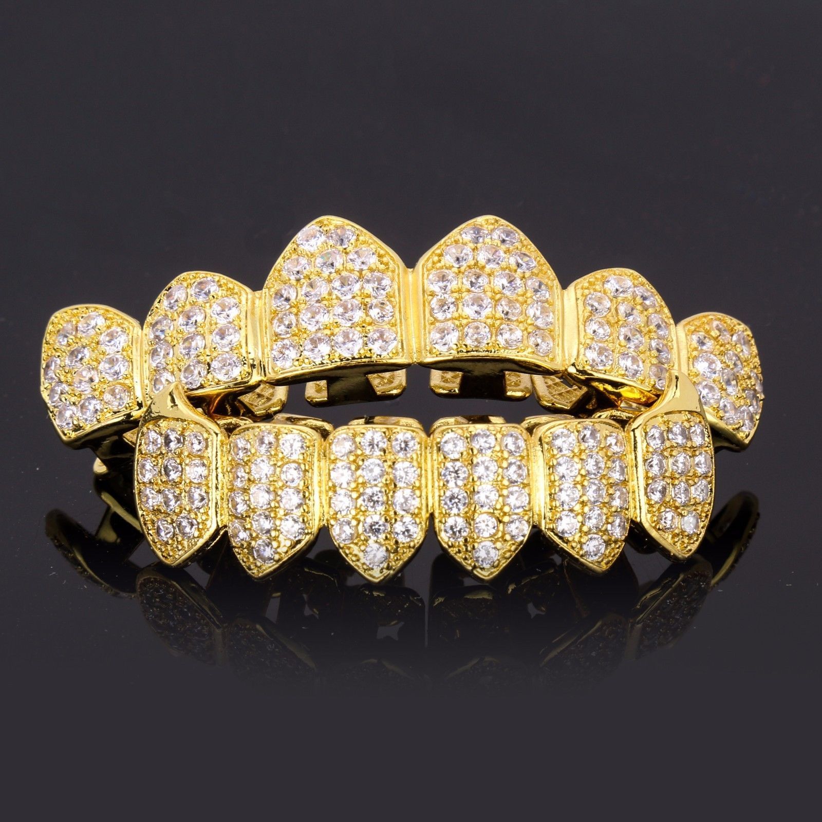 18k Gold Plated High Quality Cz Plain Top And Bottom Fang Grillz Mouth Teeth Grillz Dental Grills