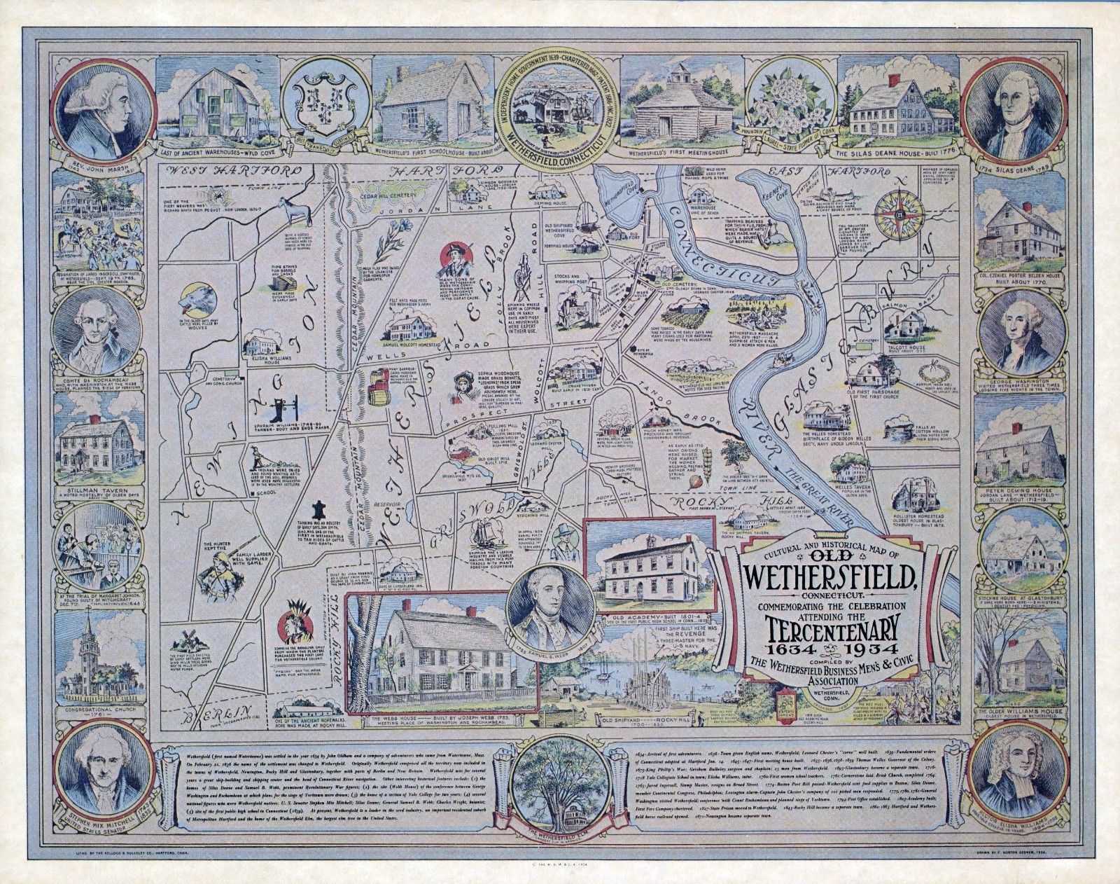Cultural historical old Wethersfield Connecticut 1934 pictorial map