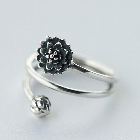 Black lotus sterling silver free size ring - Rings