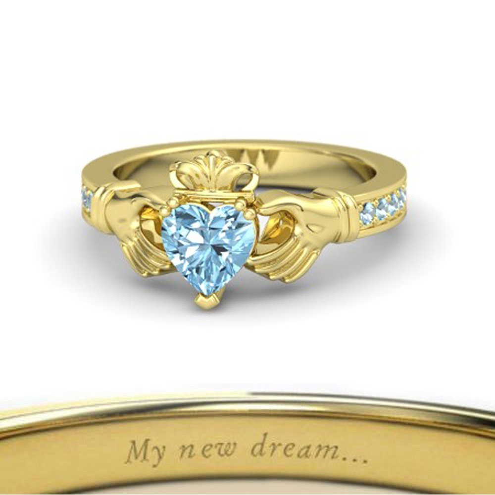 Lovely Heart Shape Blue Aquamarine Crown Claddagh Promise Ring in 14K Yellow GP