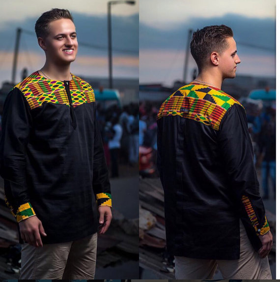 Kente & Black Cotton Men's Long Sleeve Shirt Men's African Clothing Men's Wear