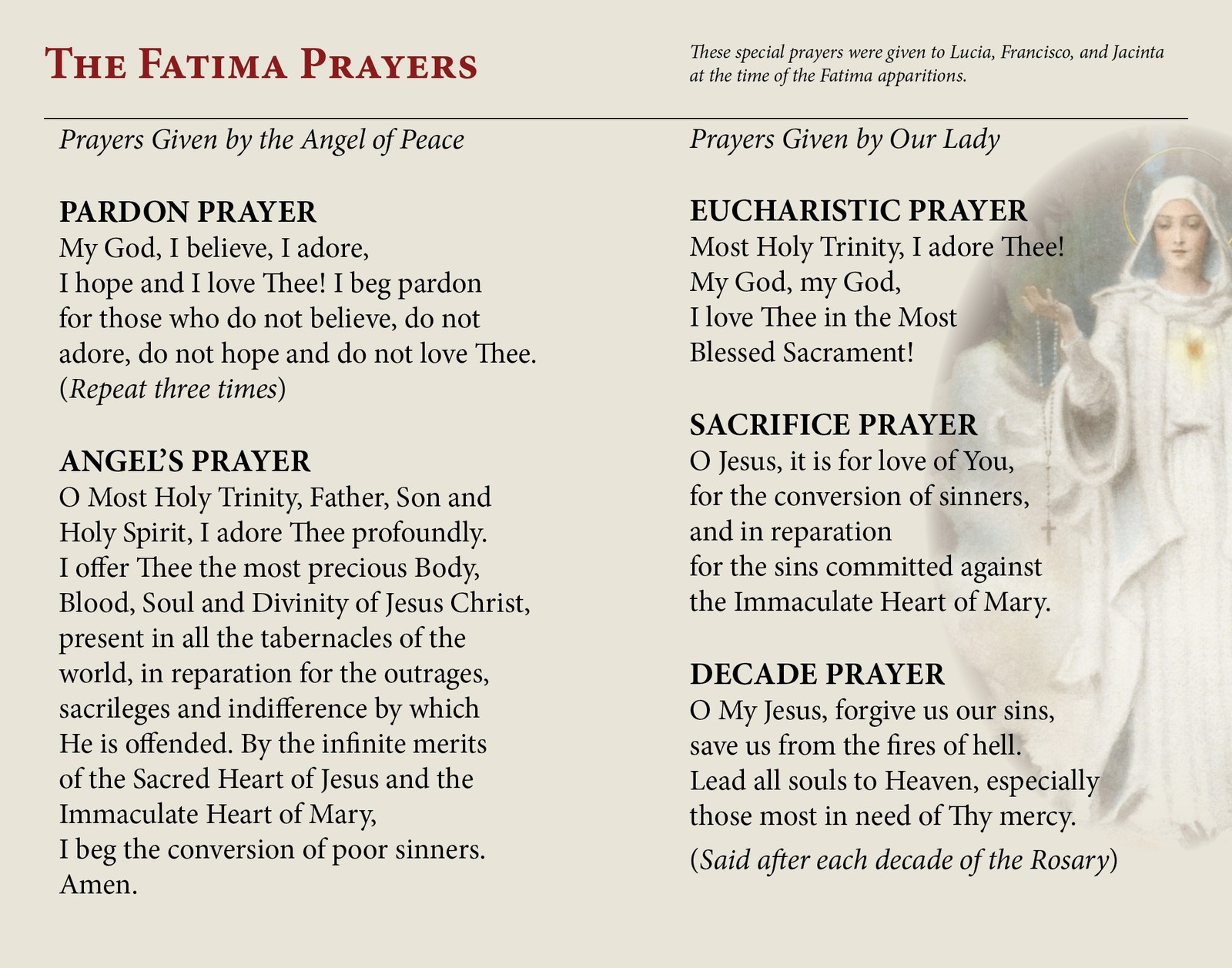Our Lady of Fatima Prayer Card Holy Cards