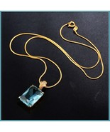 Aqua Blue Rectangle Emerald Cut Gem Stone Pendant 18K Gold Plated Chain ... - $59.95