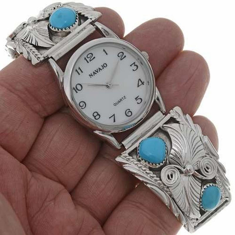 Navajo Turquoise Sterling Silver Watch Tips Mens Stretch Band Native