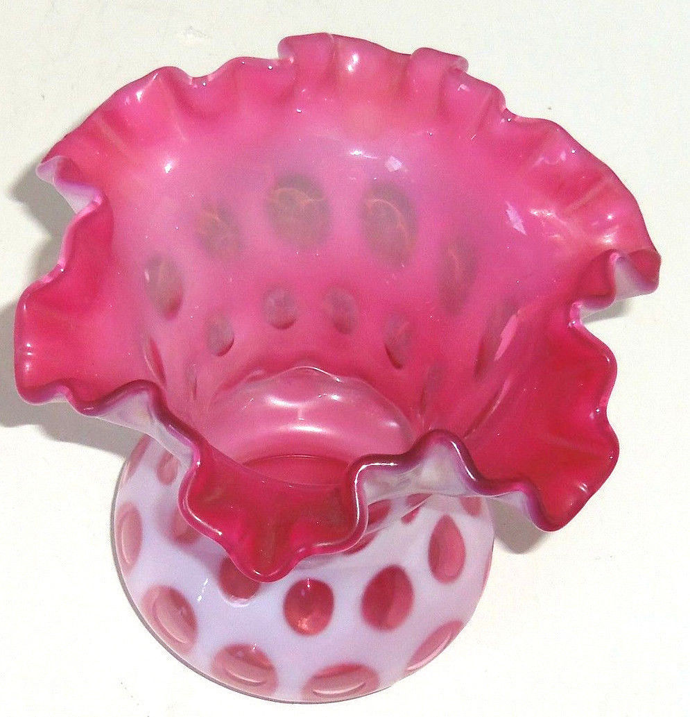 Fenton Cranberry Coin Dot Ruffled Opalescent Vase Vintage Pink White ...