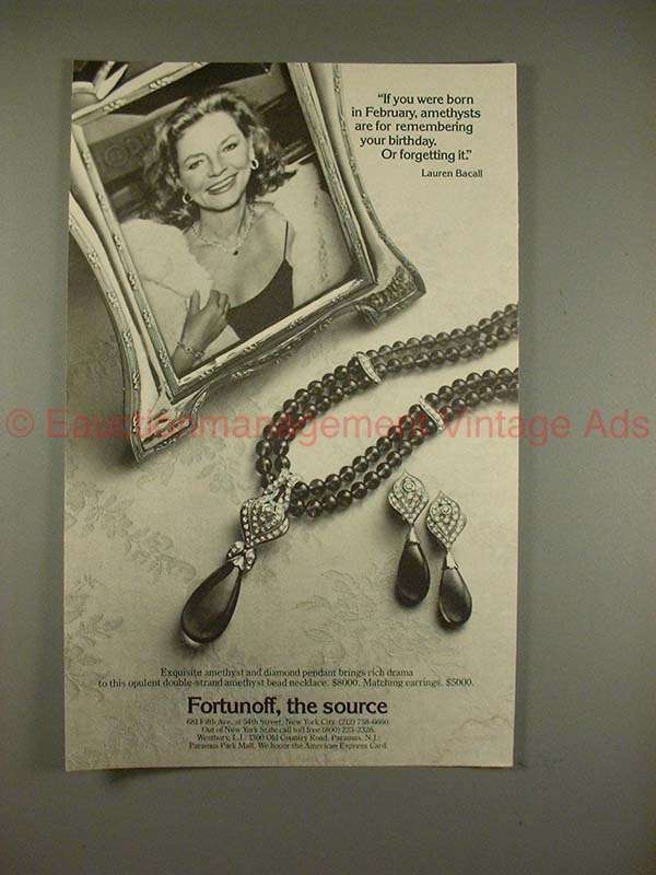 Primary image for 1982 Fortunoff Jewelry Ad w/ Lauren Bacall - Amethysts!