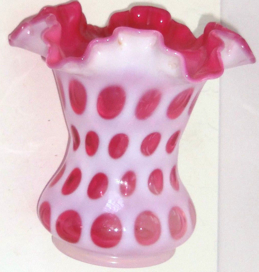 Fenton Cranberry Coin Dot Ruffled Opalescent Vase Vintage Pink White Vases 5560