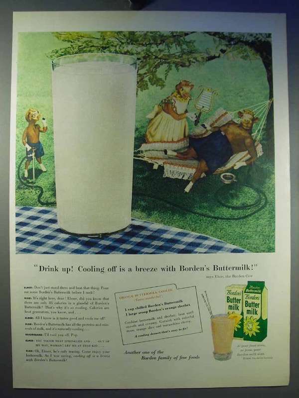 1956 Borden's Butter Milk Ad - Elsie - Orange Cooler - $14.99