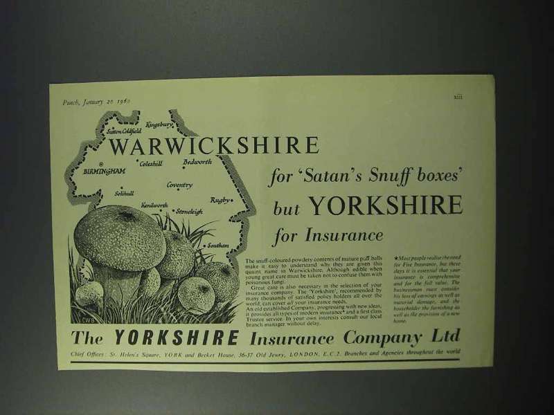 Primary image for 1960 Yorkshire Insurance Company Ad - Warwickshire