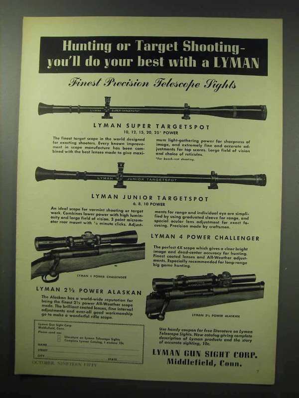 1950 Lyman Sclpe Ad - Super Targetspot, Alaskan + - $14.99