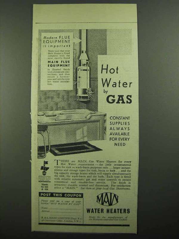 1939 Main Water Heaters Ad - Hot Water by Gas - 1930-39