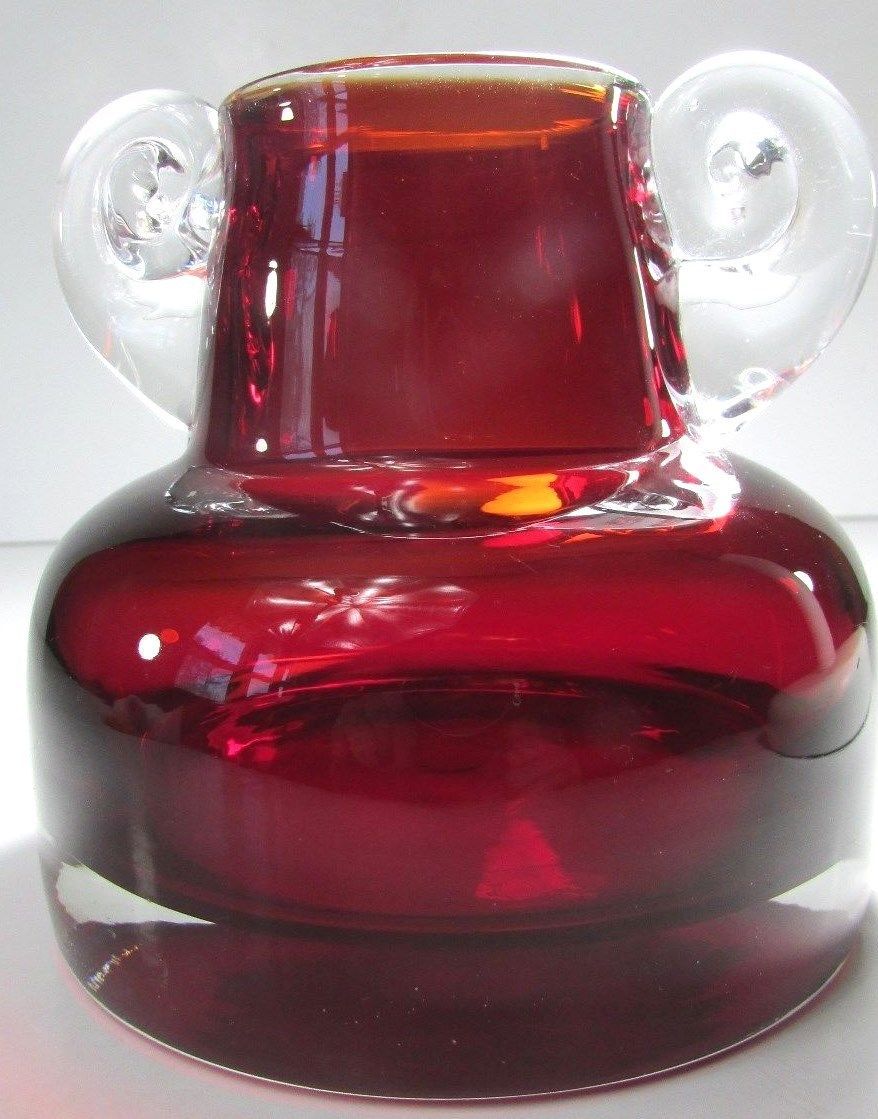 Ruby Red Hand Blown Art Glass Jug Jar Round w Applied Double Handle ...