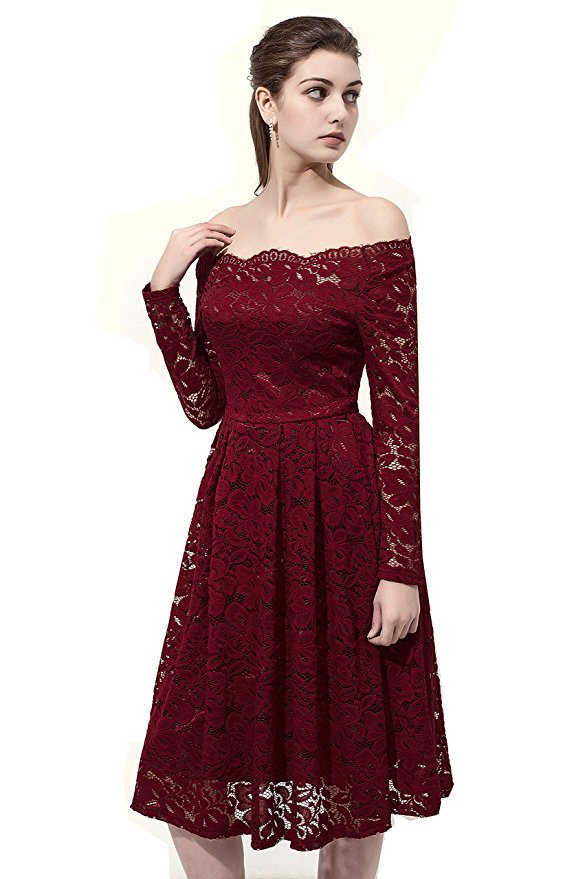 Burgundy Lace Prom Dress Knee Length with Long Sleeves,Formal Dress ...