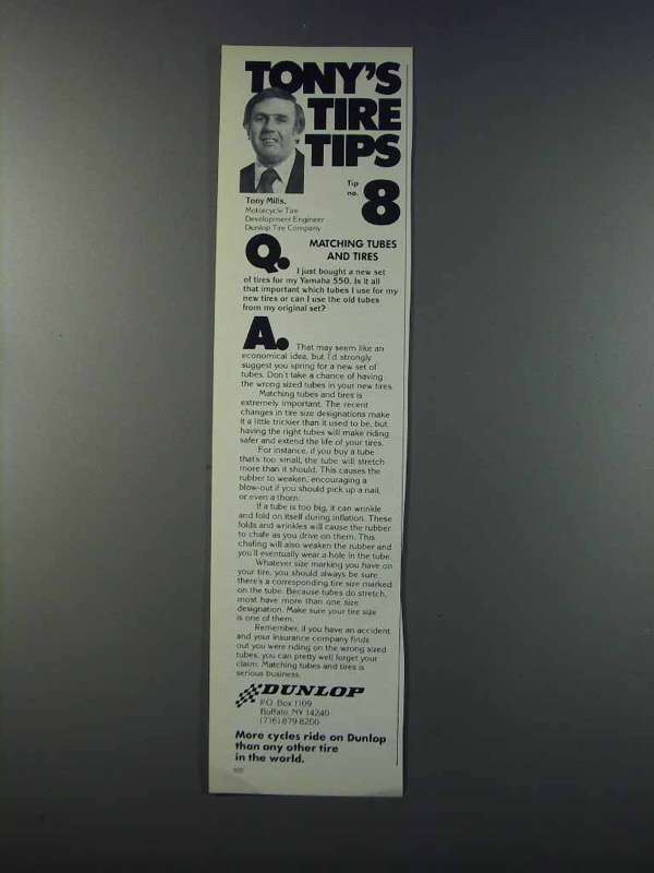 1981 Dunlop Motorcycle Tubes and Tires Ad Tony's Tips 198089