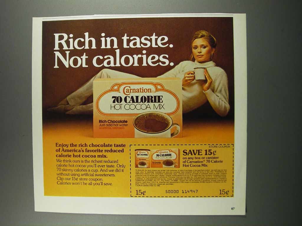 1983 Carnation 70 Calorie Hot Cocoa Mix Ad Rich Taste 198089