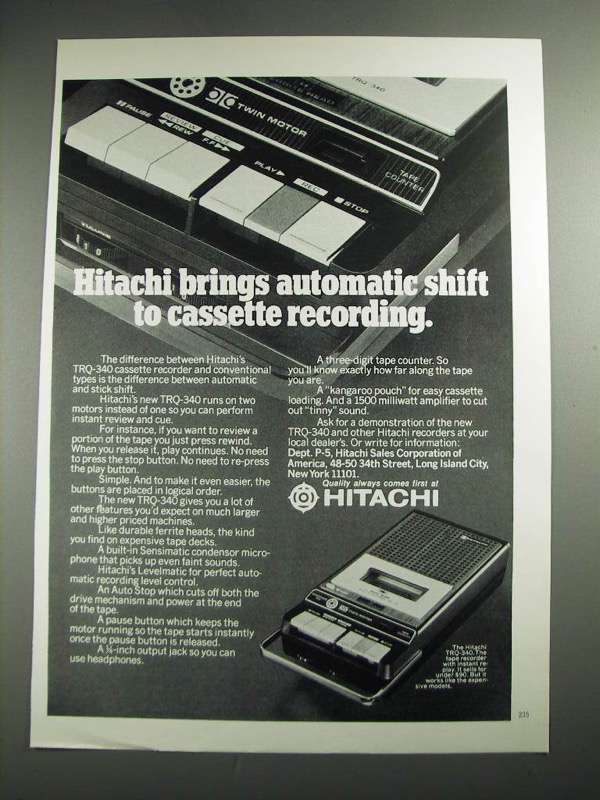 1973 Hitachi TRQ-340 Cassette Recorder Ad - Brings Automatic Shift ...