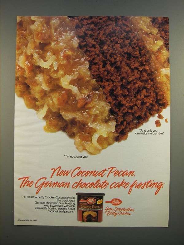 1986 Betty Crocker Coconut Pecan Frosting Ad German Chocolate Cake