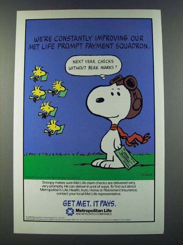 1986 Metropolitan Life Insurance Ad Snoopy Charles