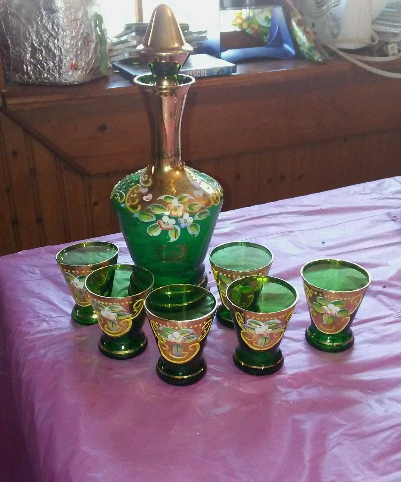 Antique Japanese green glass Sake set Glasses & Cups