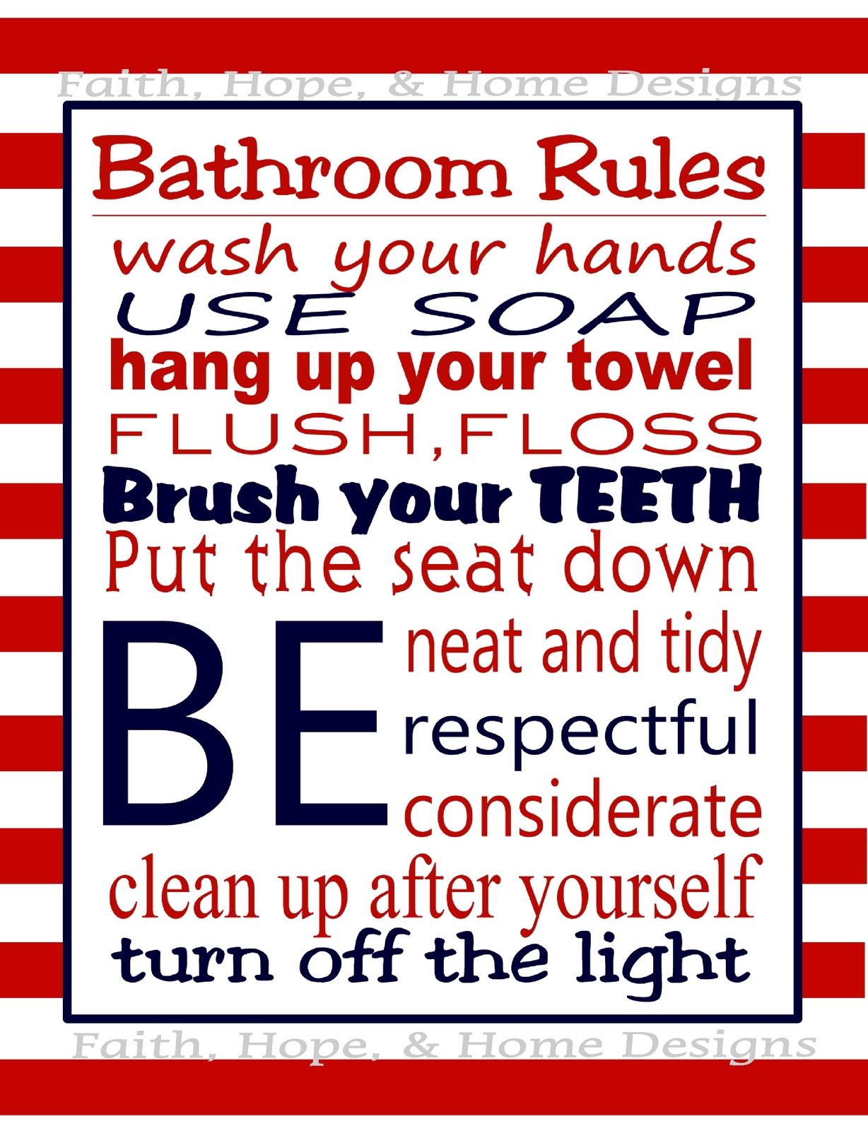 Red Stripes and Navy Bathroom Rules Wall Art Print poster Family Rules