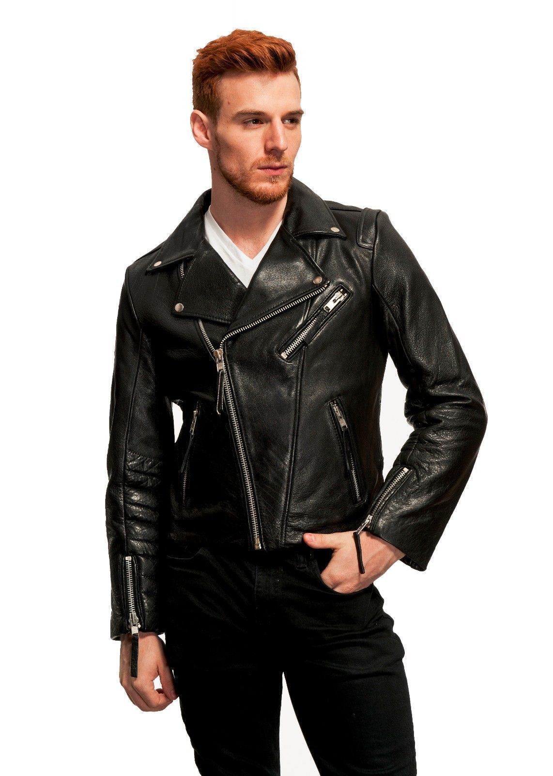 Men's Genuine Lambskin Leather Jacket Black Slim fit Motorcycle Biker