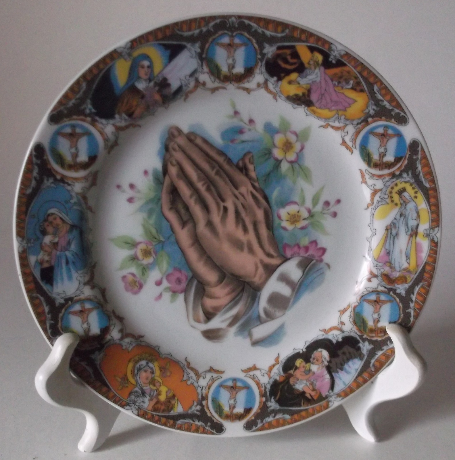 Vintage Praying Hands Plate Porcelain Religious Catholic Mary Jesus God