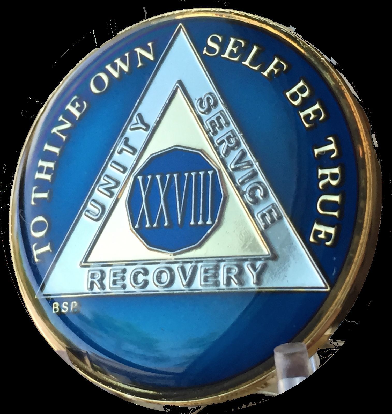 28 Year Midnight Blue AA Medallion Alcoholics Anonymous Chip Gold Tri-Plate one
