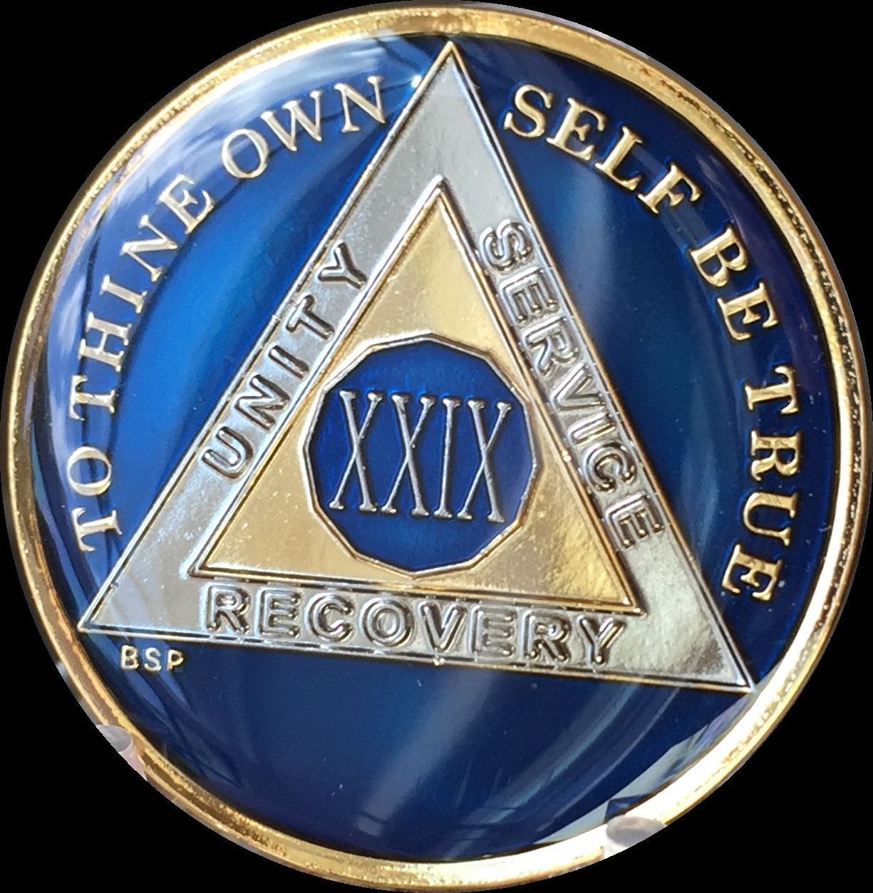 11 Year Midnight Blue AA Medallion Alcoholics Anonymous Chip Gold Tri Plate