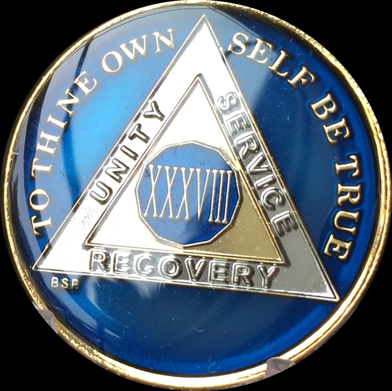 38 Year Midnight Blue AA Medallion Alcoholics Anonymous Chip Gold Tri-Plate one