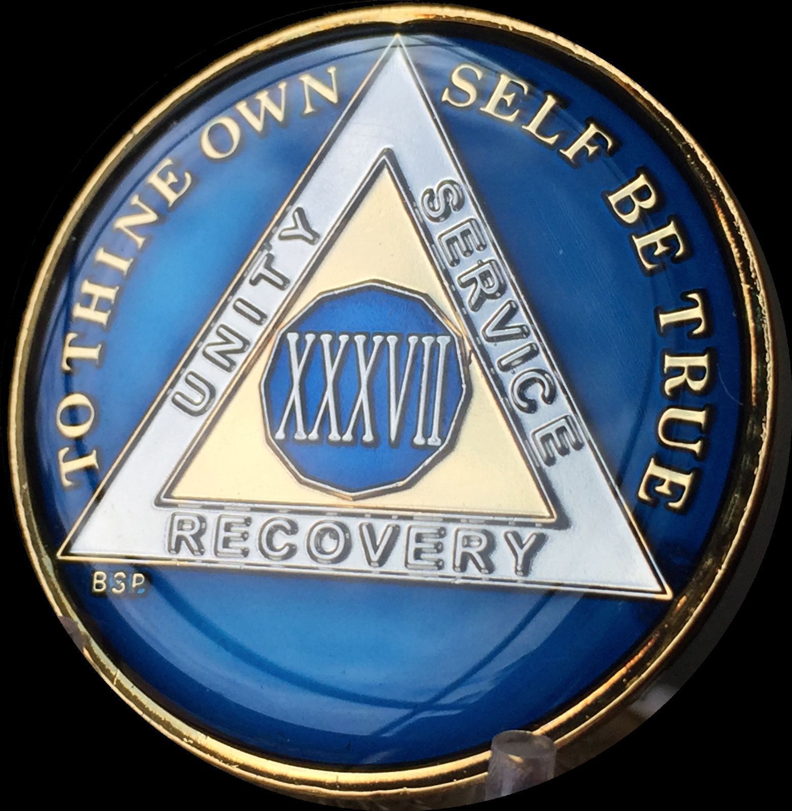 37 Year Midnight Blue AA Medallion Alcoholics Anonymous Chip Gold Tri-Plate one
